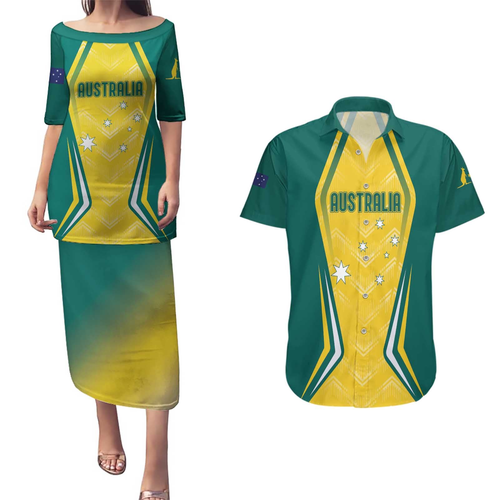 Australia 2024 Olympics Custom Couples Matching Puletasi and Hawaiian Shirt Rise of the Roos LT7 - Wonder Print Shop