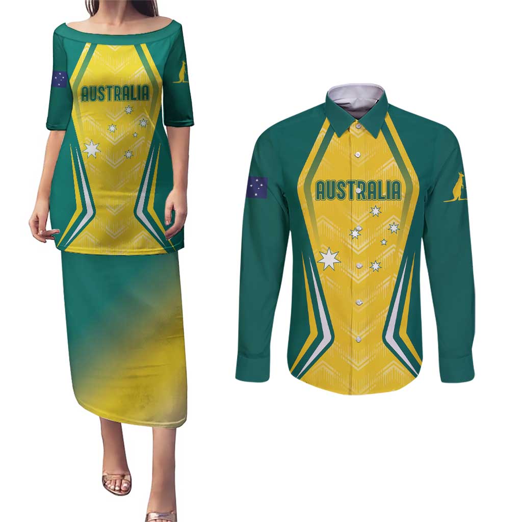 Australia 2024 Olympics Custom Couples Matching Puletasi and Long Sleeve Button Shirt Rise of the Roos LT7 - Wonder Print Shop