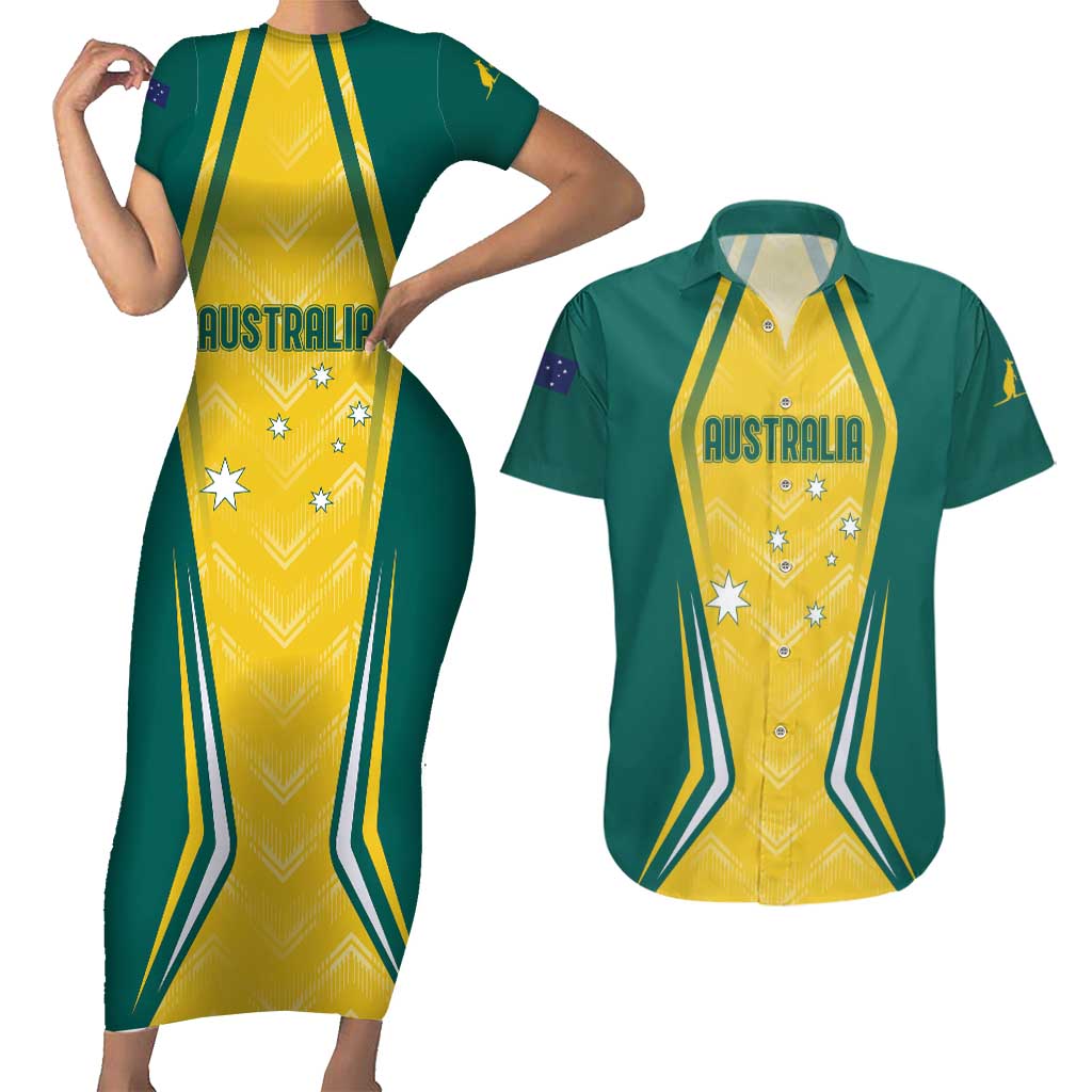 Australia 2024 Olympics Custom Couples Matching Short Sleeve Bodycon Dress and Hawaiian Shirt Rise of the Roos LT7 - Wonder Print Shop