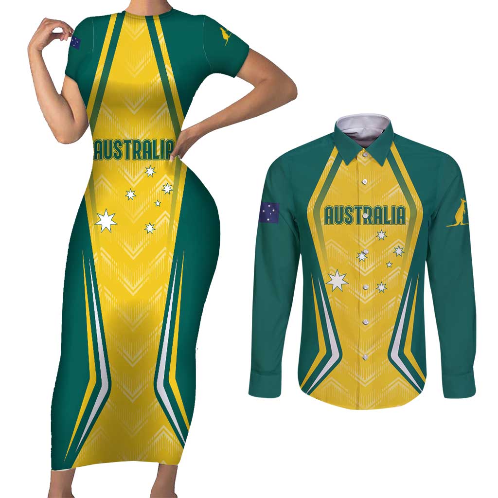 Australia 2024 Olympics Custom Couples Matching Short Sleeve Bodycon Dress and Long Sleeve Button Shirt Rise of the Roos LT7 - Wonder Print Shop