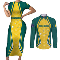 Australia 2024 Olympics Custom Couples Matching Short Sleeve Bodycon Dress and Long Sleeve Button Shirt Rise of the Roos LT7 - Wonder Print Shop