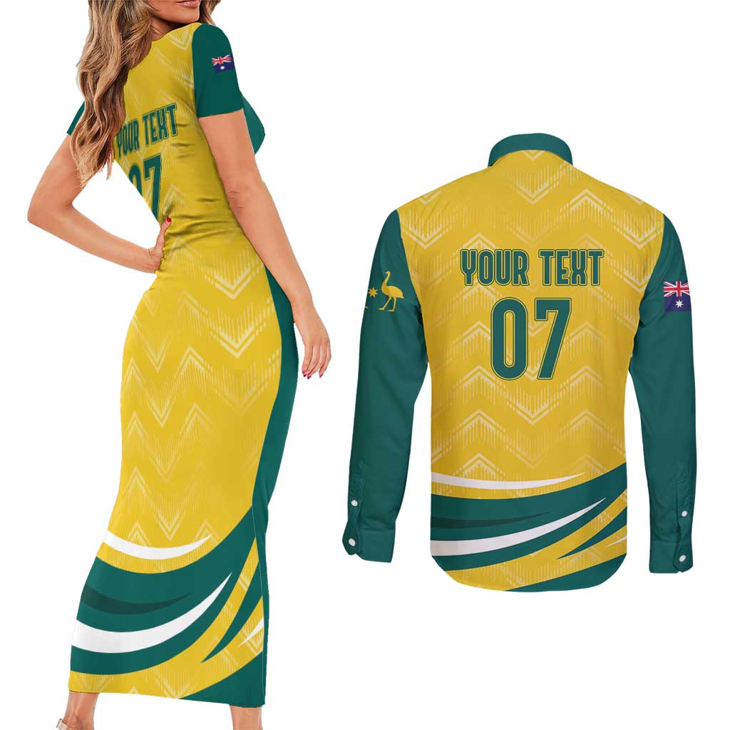 Australia 2024 Olympics Custom Couples Matching Short Sleeve Bodycon Dress and Long Sleeve Button Shirt Rise of the Roos LT7 - Wonder Print Shop