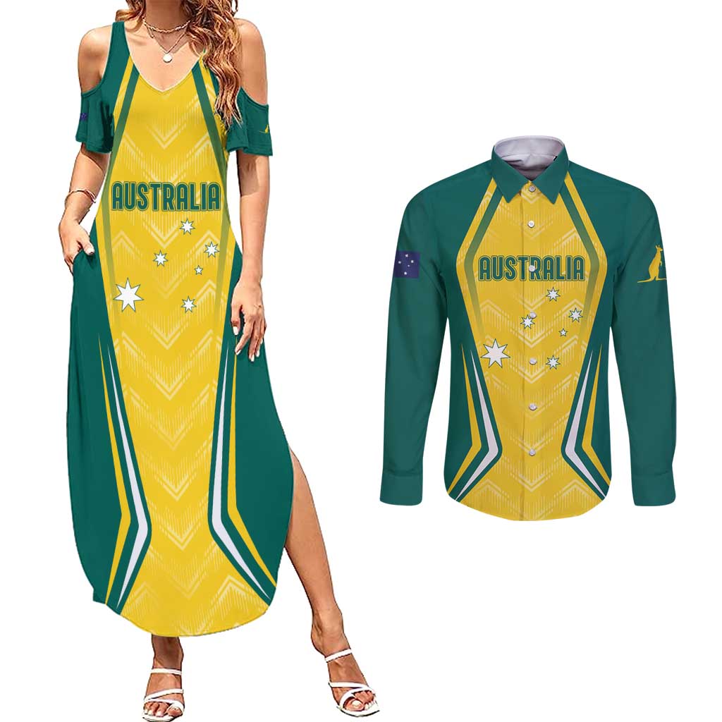 Australia 2024 Olympics Custom Couples Matching Summer Maxi Dress and Long Sleeve Button Shirt Rise of the Roos LT7 - Wonder Print Shop