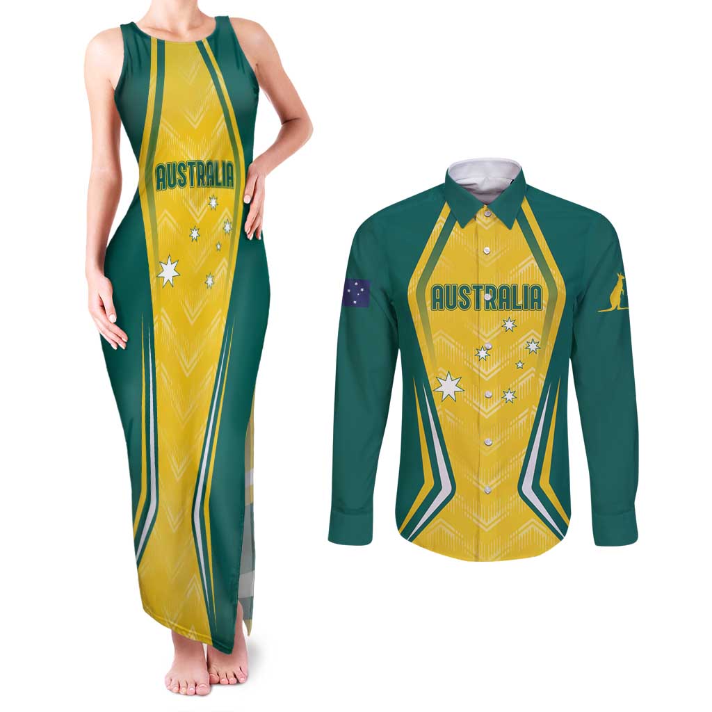 Australia 2024 Olympics Custom Couples Matching Tank Maxi Dress and Long Sleeve Button Shirt Rise of the Roos LT7 - Wonder Print Shop