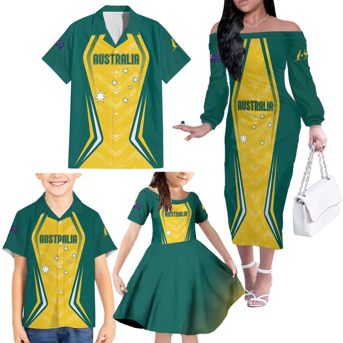 Australia 2024 Olympics Custom Family Matching Off The Shoulder Long Sleeve Dress and Hawaiian Shirt Rise of the Roos - Wonder Print Shop