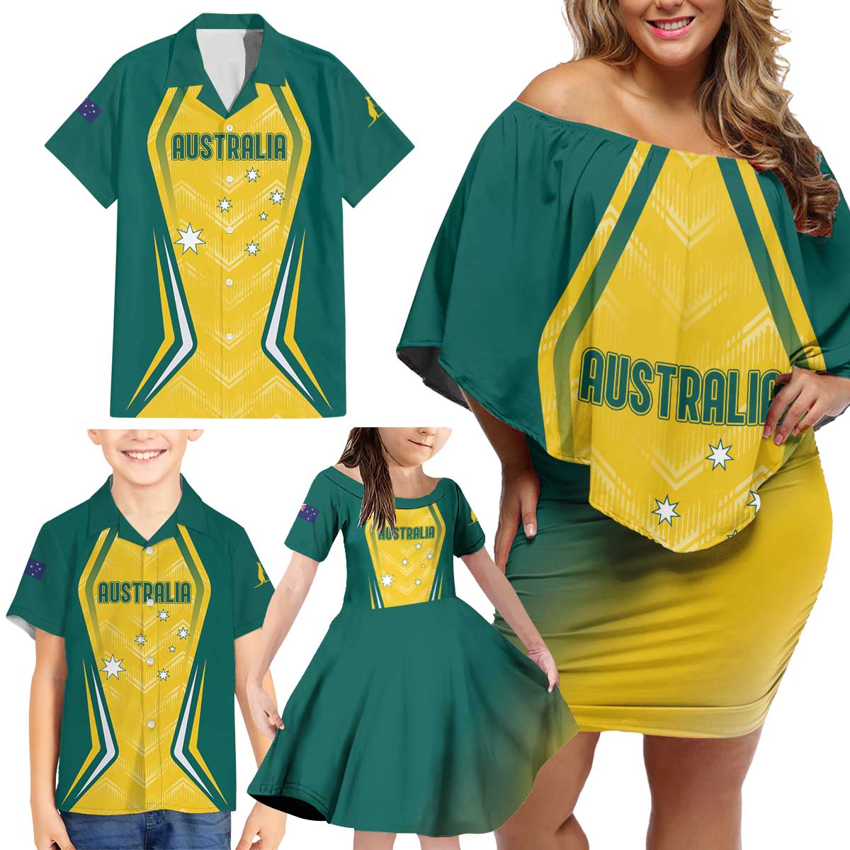 Australia 2024 Olympics Custom Family Matching Off Shoulder Short Dress and Hawaiian Shirt Rise of the Roos LT7 - Wonder Print Shop