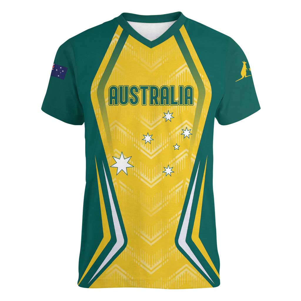 Australia 2024 Olympics Custom Women V-Neck T-Shirt Rise of the Roos - Wonder Print Shop