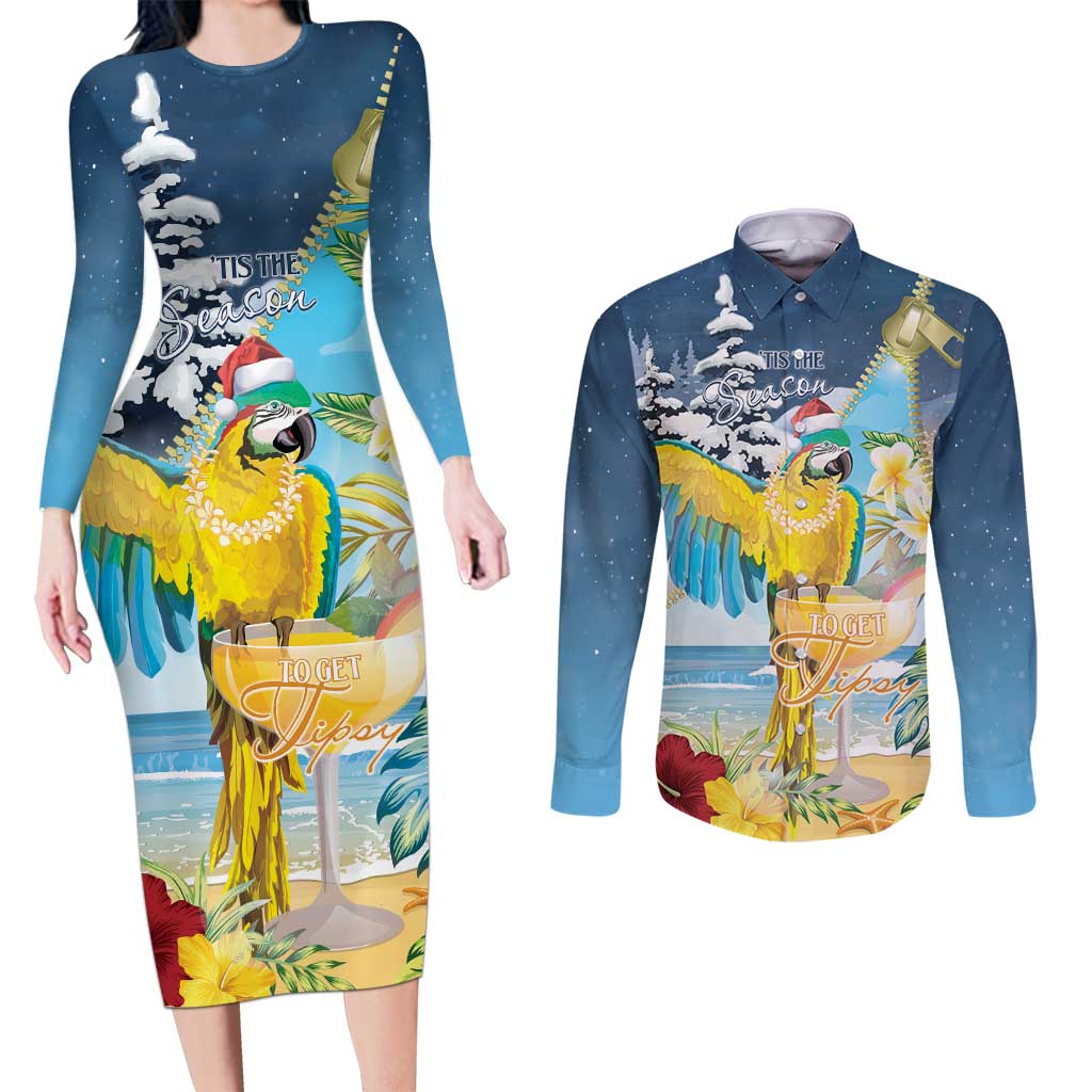 Funny Tropical Christmas Couples Matching Long Sleeve Bodycon Dress and Long Sleeve Button Shirt Tis The Season To Get Tipsy LT7 - Wonder Print Shop