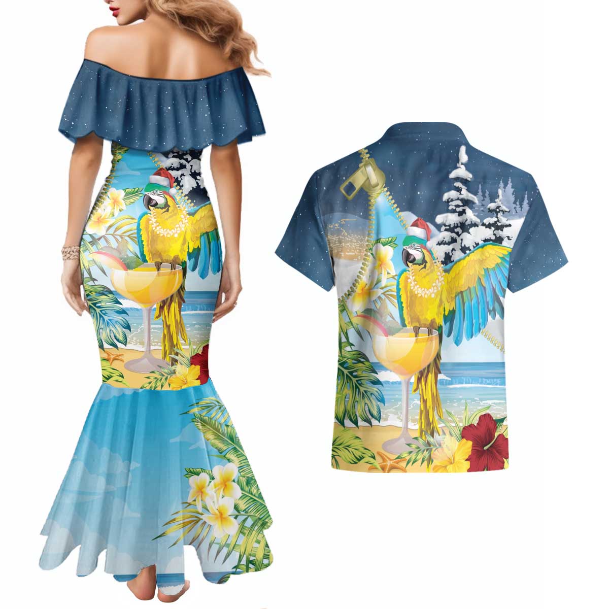 Funny Tropical Christmas Couples Matching Mermaid Dress and Hawaiian Shirt Tis The Season To Get Tipsy LT7 - Wonder Print Shop