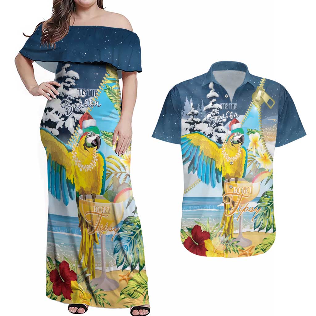 Funny Tropical Christmas Couples Matching Off Shoulder Maxi Dress and Hawaiian Shirt Tis The Season To Get Tipsy LT7 - Wonder Print Shop