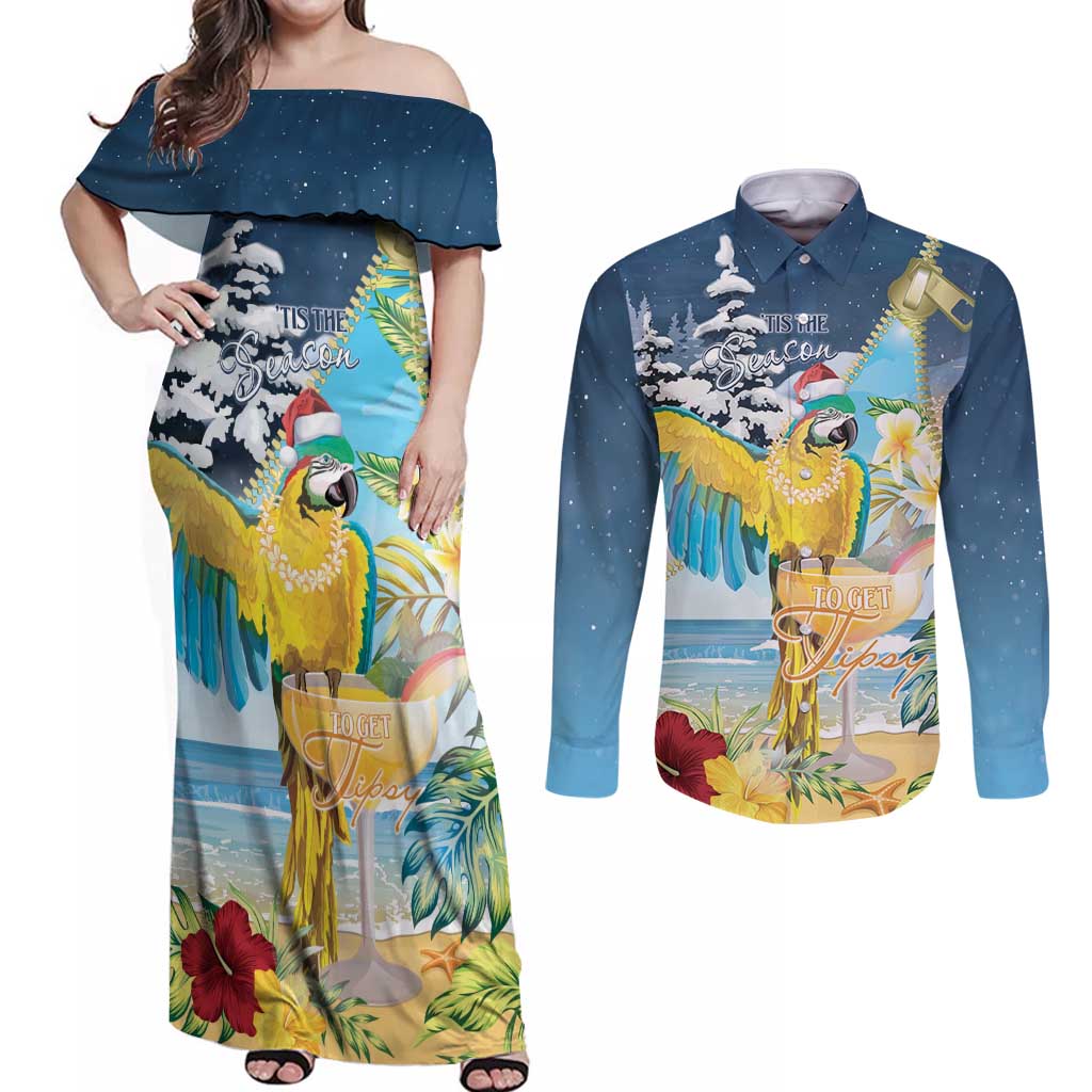 Funny Tropical Christmas Couples Matching Off Shoulder Maxi Dress and Long Sleeve Button Shirt Tis The Season To Get Tipsy LT7 - Wonder Print Shop