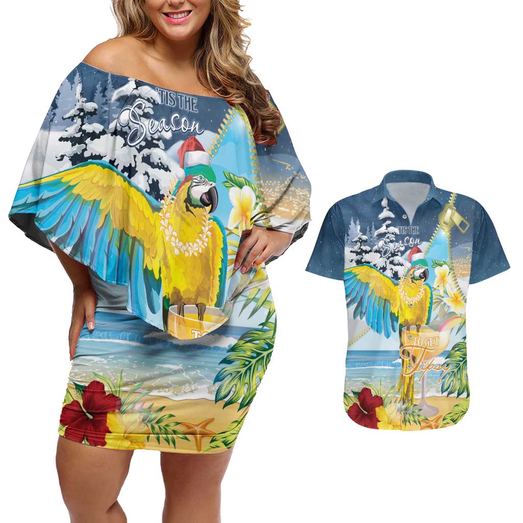 Funny Tropical Christmas Couples Matching Off Shoulder Short Dress and Hawaiian Shirt Tis The Season To Get Tipsy LT7 - Wonder Print Shop