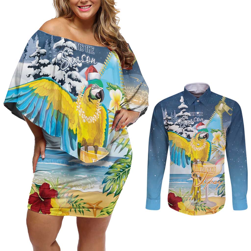 Funny Tropical Christmas Couples Matching Off Shoulder Short Dress and Long Sleeve Button Shirt Tis The Season To Get Tipsy LT7 - Wonder Print Shop
