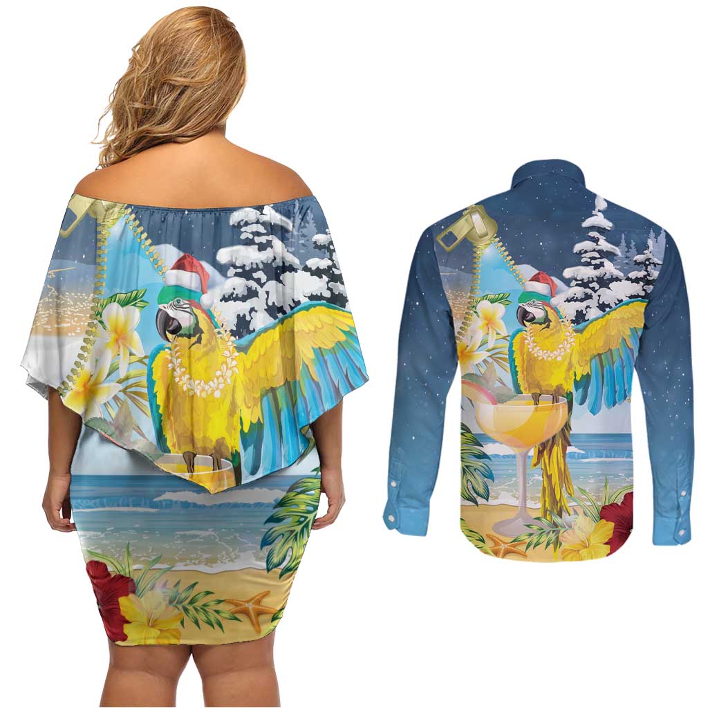 Funny Tropical Christmas Couples Matching Off Shoulder Short Dress and Long Sleeve Button Shirt Tis The Season To Get Tipsy LT7 - Wonder Print Shop