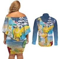 Funny Tropical Christmas Couples Matching Off Shoulder Short Dress and Long Sleeve Button Shirt Tis The Season To Get Tipsy LT7 - Wonder Print Shop