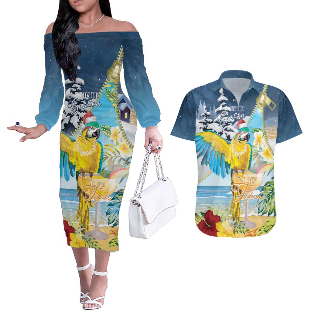 Funny Tropical Christmas Couples Matching Off The Shoulder Long Sleeve Dress and Hawaiian Shirt Tis The Season To Get Tipsy LT7 - Wonder Print Shop