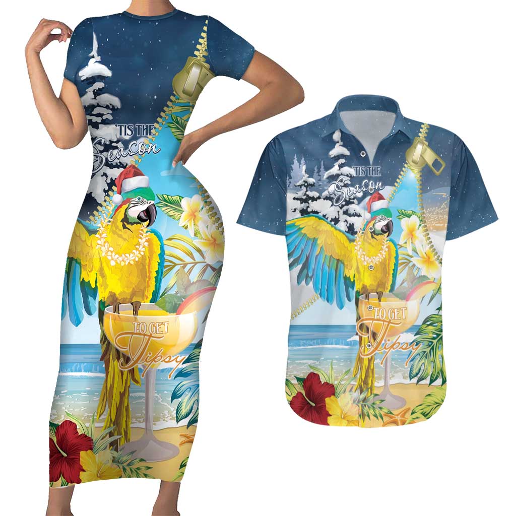 Funny Tropical Christmas Couples Matching Short Sleeve Bodycon Dress and Hawaiian Shirt Tis The Season To Get Tipsy LT7 - Wonder Print Shop