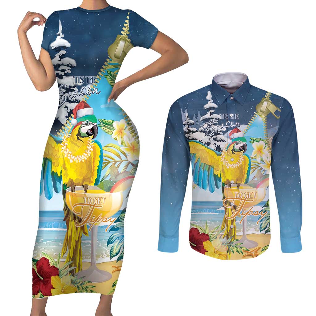 Funny Tropical Christmas Couples Matching Short Sleeve Bodycon Dress and Long Sleeve Button Shirt Tis The Season To Get Tipsy LT7 - Wonder Print Shop