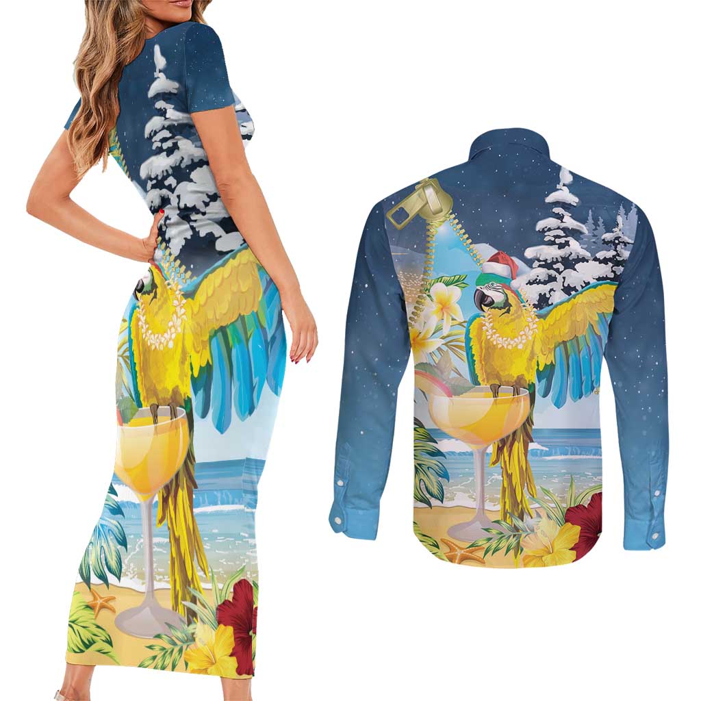 Funny Tropical Christmas Couples Matching Short Sleeve Bodycon Dress and Long Sleeve Button Shirt Tis The Season To Get Tipsy LT7 - Wonder Print Shop