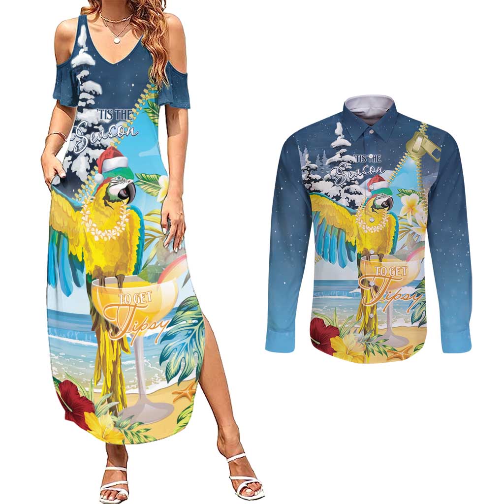 Funny Tropical Christmas Couples Matching Summer Maxi Dress and Long Sleeve Button Shirt Tis The Season To Get Tipsy LT7 - Wonder Print Shop