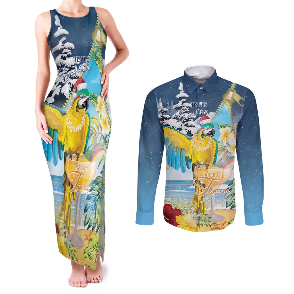 Funny Tropical Christmas Couples Matching Tank Maxi Dress and Long Sleeve Button Shirt Tis The Season To Get Tipsy LT7 - Wonder Print Shop