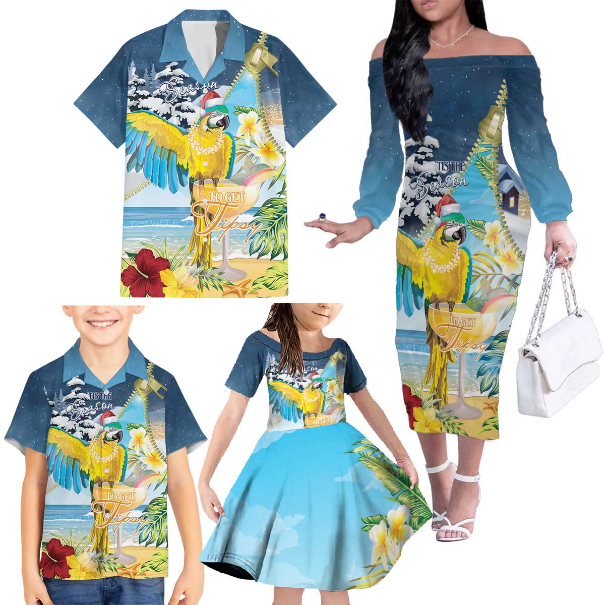 Funny Tropical Christmas Family Matching Off The Shoulder Long Sleeve Dress and Hawaiian Shirt Tis The Season To Get Tipsy - Wonder Print Shop