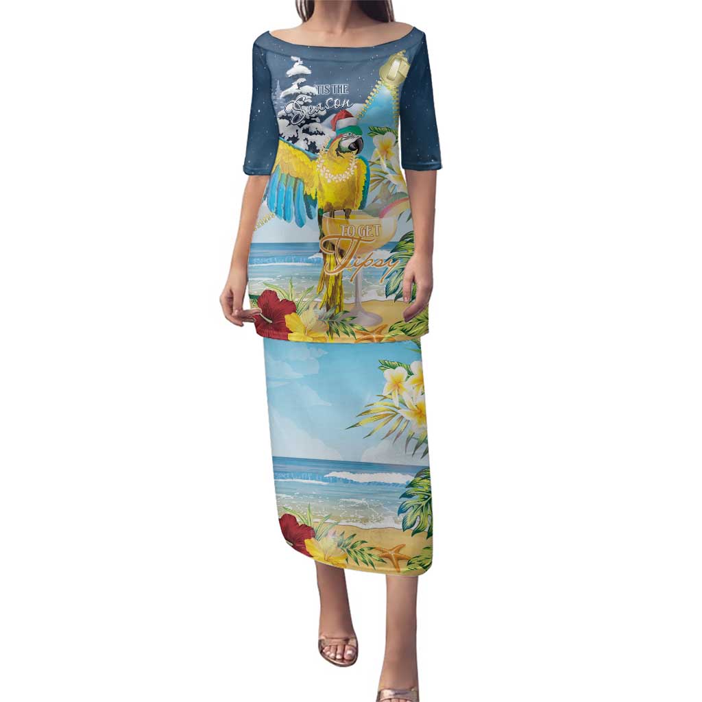 Funny Tropical Christmas Family Matching Puletasi and Hawaiian Shirt Tis The Season To Get Tipsy - Wonder Print Shop