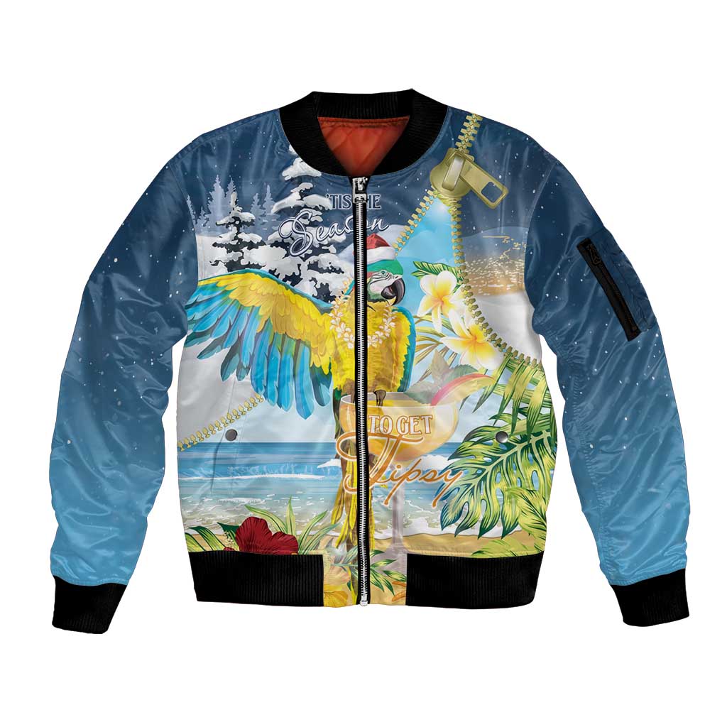 Funny Tropical Christmas Sleeve Zip Bomber Jacket Tis The Season To Get Tipsy - Wonder Print Shop