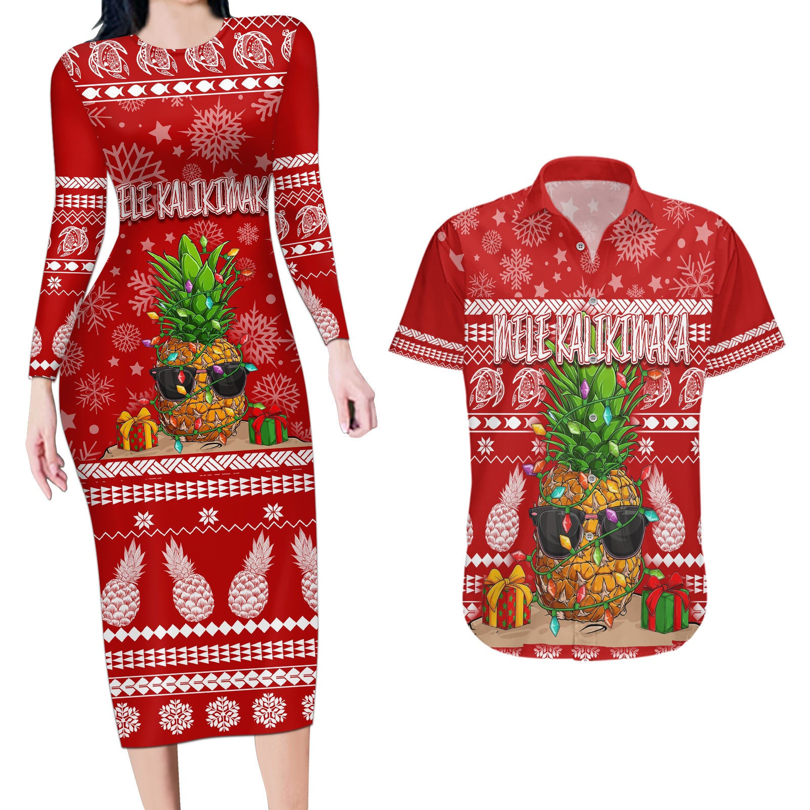 Hawaii Pineapple Christmas Couples Matching Long Sleeve Bodycon Dress and Hawaiian Shirt Mele Kalikimaka LT7 - Wonder Print Shop