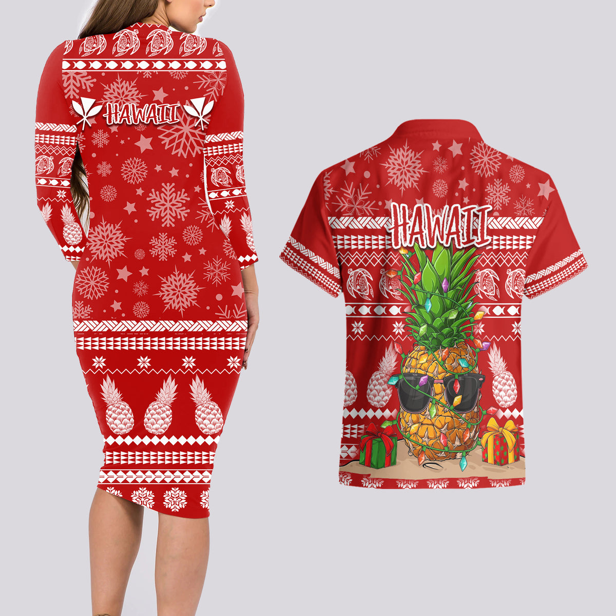 Hawaii Pineapple Christmas Couples Matching Long Sleeve Bodycon Dress and Hawaiian Shirt Mele Kalikimaka LT7 - Wonder Print Shop