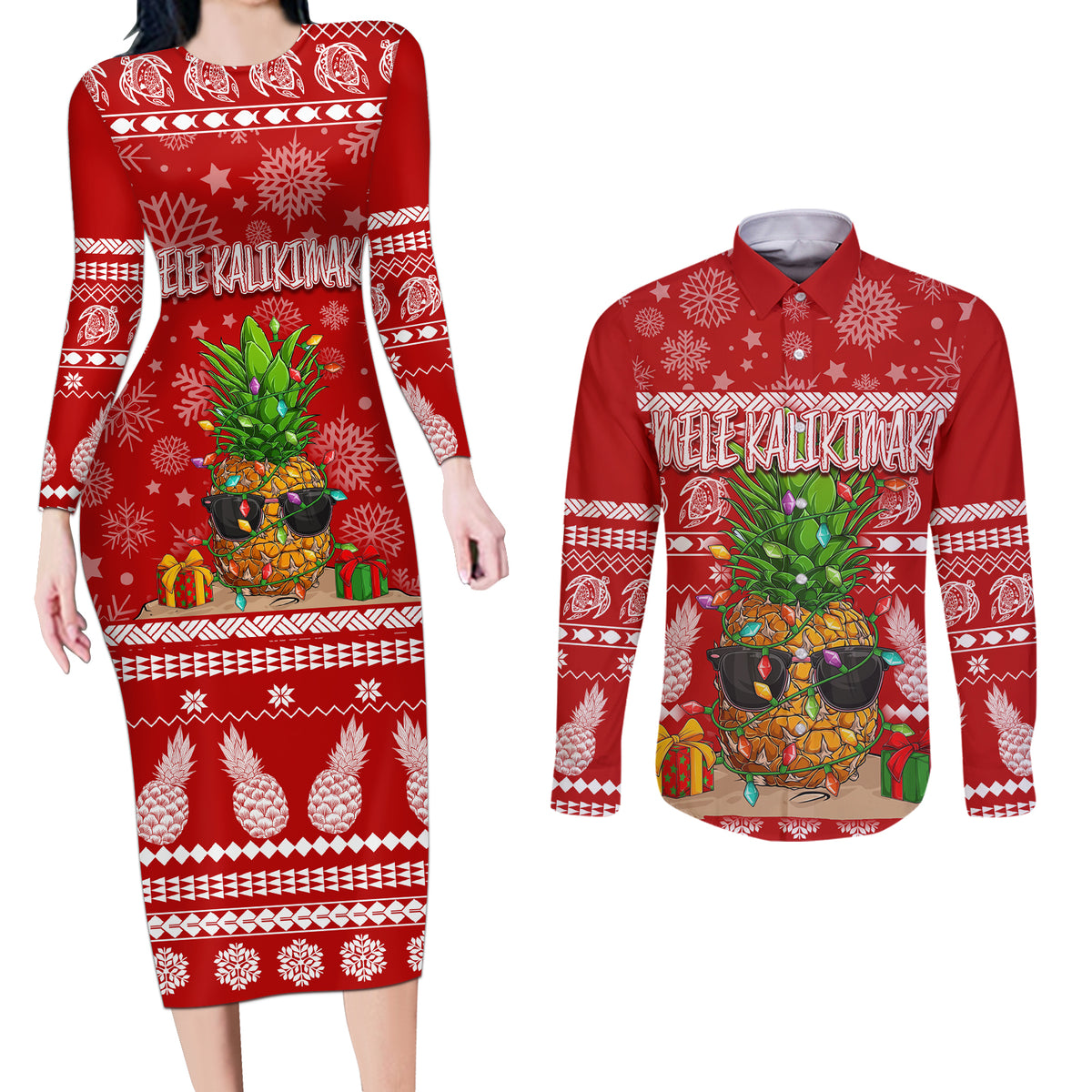 Hawaii Pineapple Christmas Couples Matching Long Sleeve Bodycon Dress and Long Sleeve Button Shirt Mele Kalikimaka LT7 - Wonder Print Shop