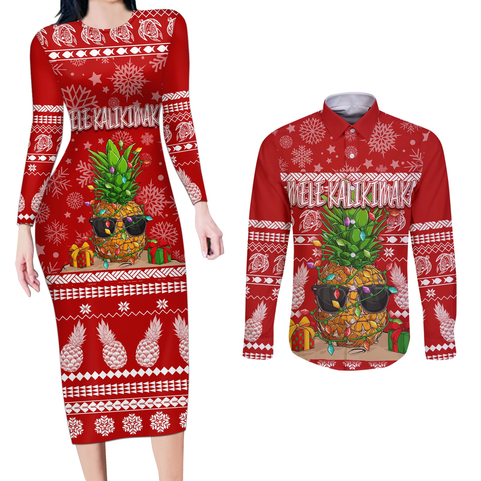 Hawaii Pineapple Christmas Couples Matching Long Sleeve Bodycon Dress and Long Sleeve Button Shirt Mele Kalikimaka LT7 - Wonder Print Shop
