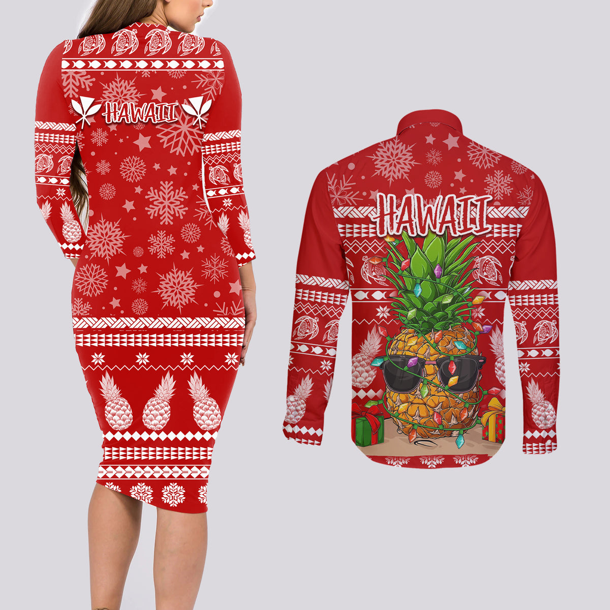 Hawaii Pineapple Christmas Couples Matching Long Sleeve Bodycon Dress and Long Sleeve Button Shirt Mele Kalikimaka LT7 - Wonder Print Shop