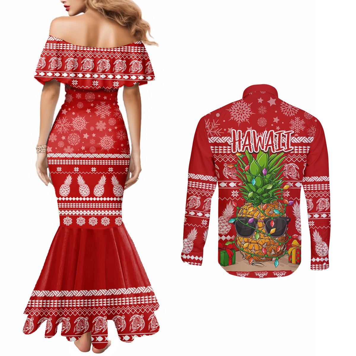 Hawaii Pineapple Christmas Couples Matching Mermaid Dress and Long Sleeve Button Shirt Mele Kalikimaka LT7