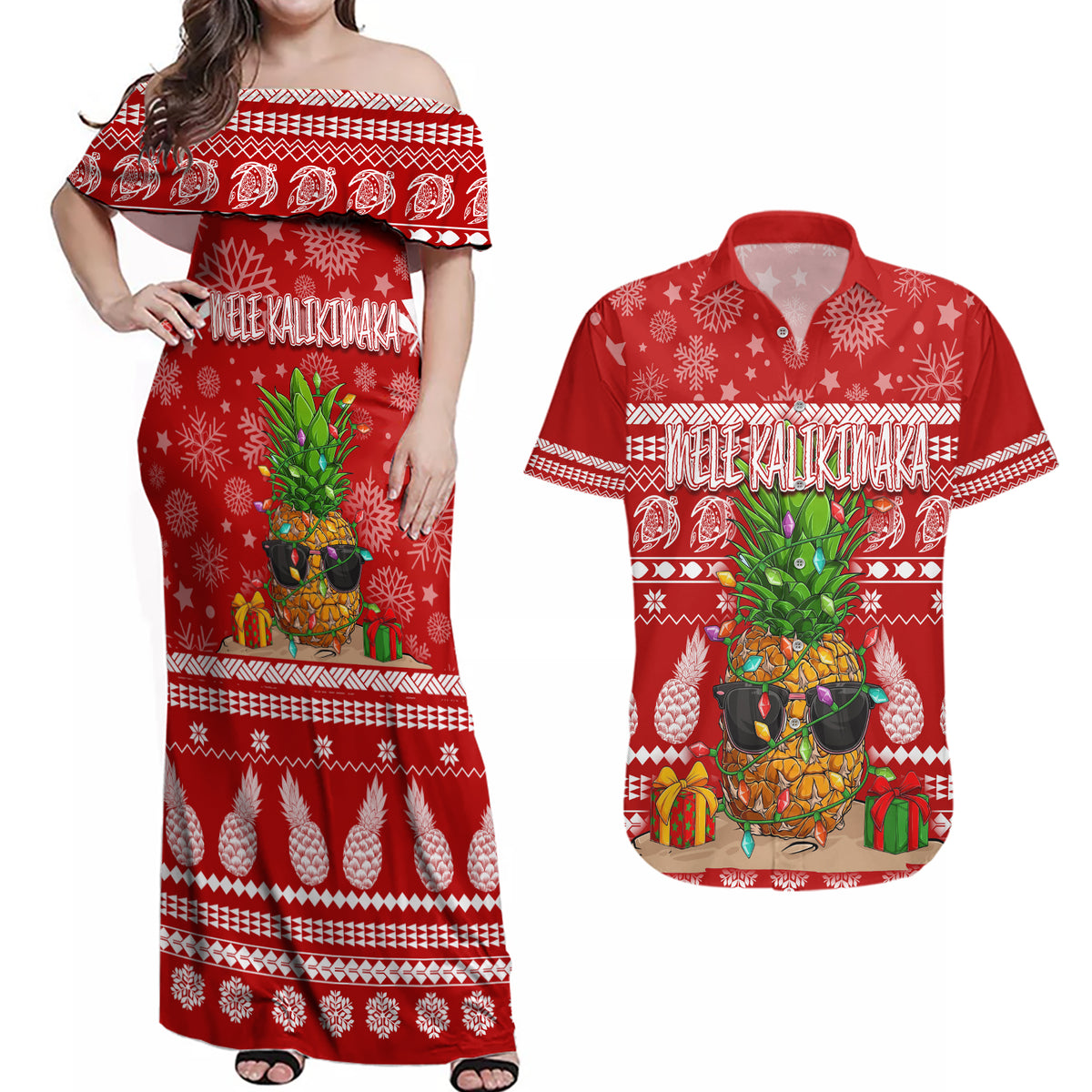Hawaii Pineapple Christmas Couples Matching Off Shoulder Maxi Dress and Hawaiian Shirt Mele Kalikimaka LT7 - Wonder Print Shop