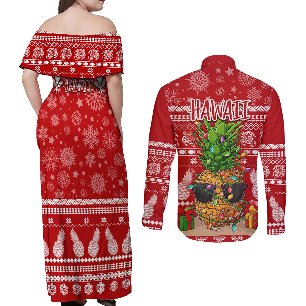 Hawaii Pineapple Christmas Couples Matching Off Shoulder Maxi Dress and Long Sleeve Button Shirt Mele Kalikimaka LT7 - Wonder Print Shop