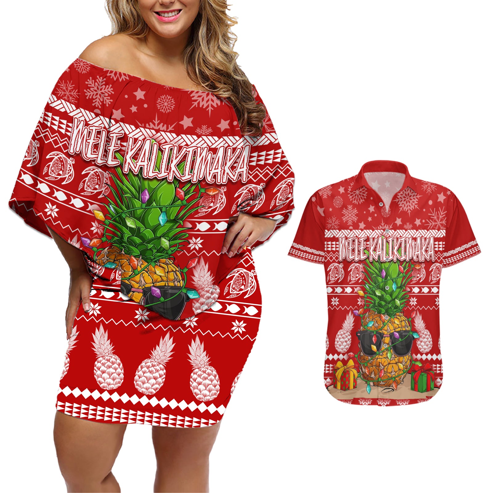 Hawaii Pineapple Christmas Couples Matching Off Shoulder Short Dress and Hawaiian Shirt Mele Kalikimaka LT7 - Wonder Print Shop