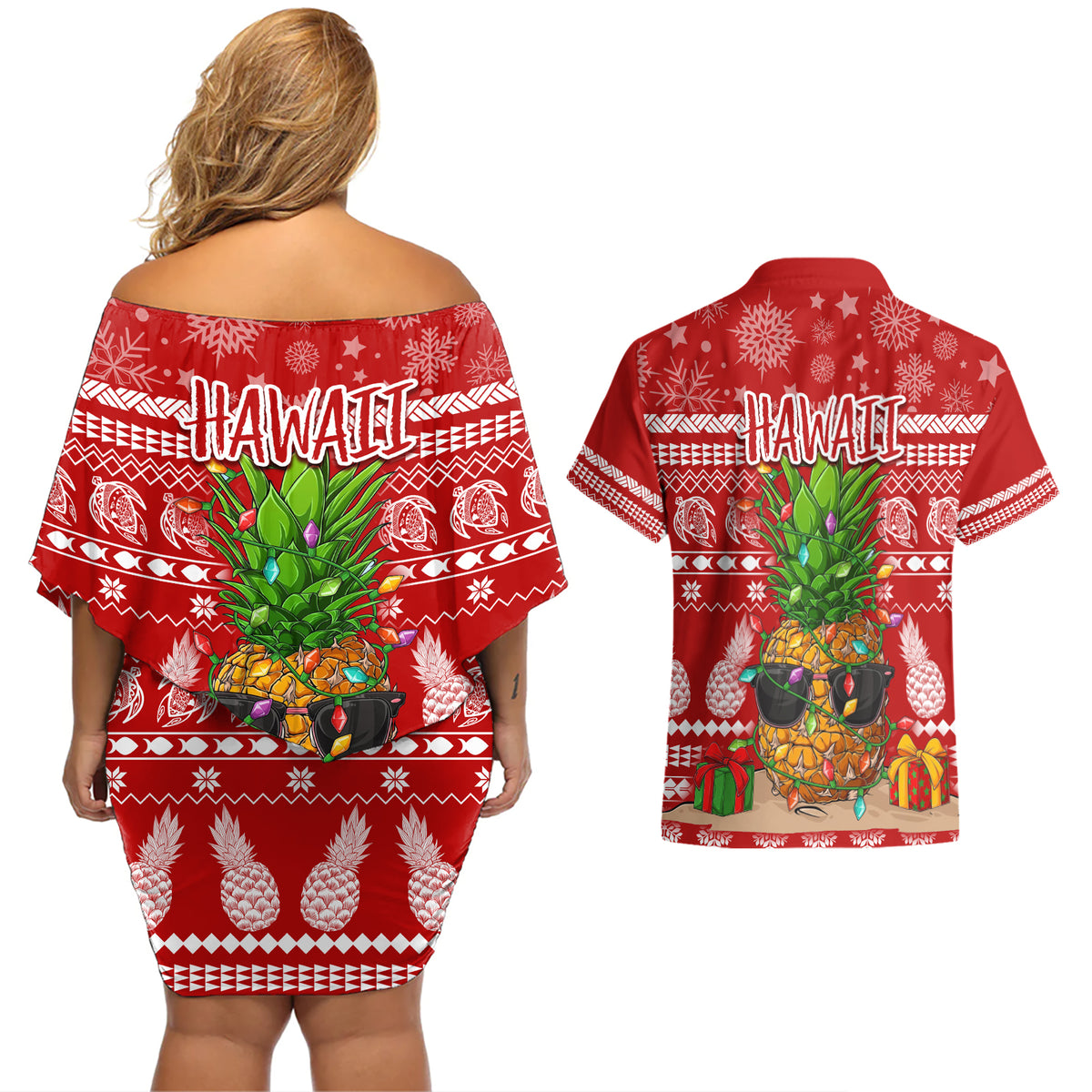 Hawaii Pineapple Christmas Couples Matching Off Shoulder Short Dress and Hawaiian Shirt Mele Kalikimaka LT7 - Wonder Print Shop