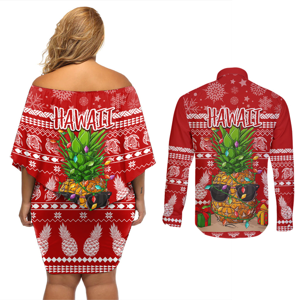 Hawaii Pineapple Christmas Couples Matching Off Shoulder Short Dress and Long Sleeve Button Shirt Mele Kalikimaka LT7 - Wonder Print Shop