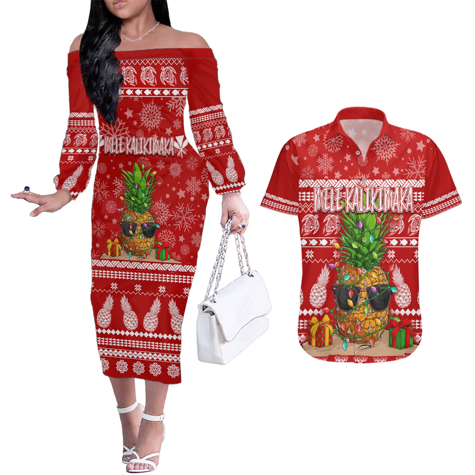 Hawaii Pineapple Christmas Couples Matching Off The Shoulder Long Sleeve Dress and Hawaiian Shirt Mele Kalikimaka LT7 - Wonder Print Shop