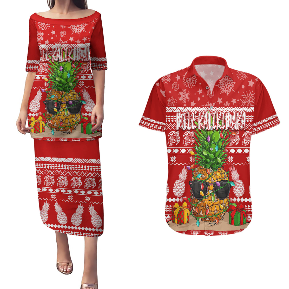 Hawaii Pineapple Christmas Couples Matching Puletasi Dress and Hawaiian Shirt Mele Kalikimaka LT7 - Wonder Print Shop