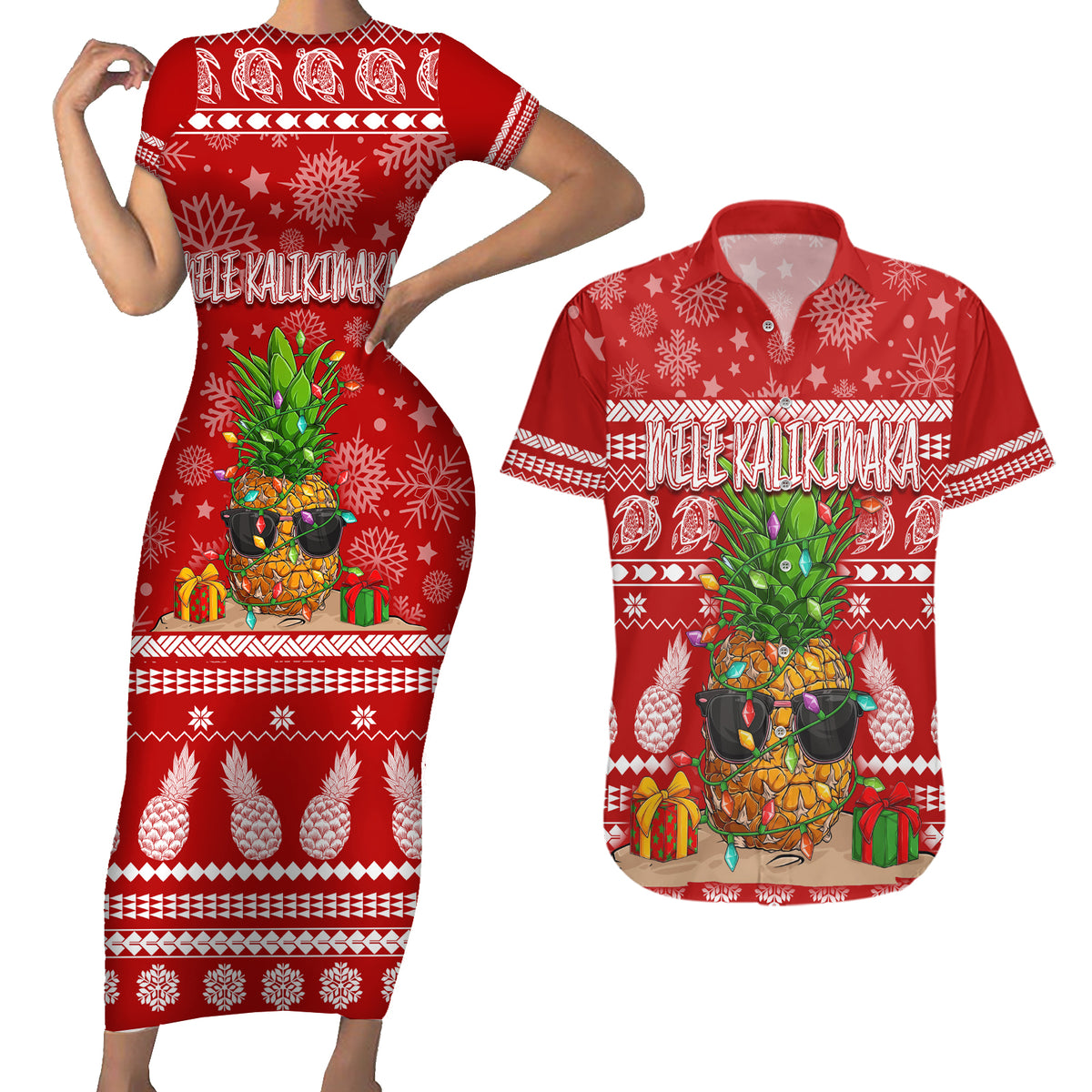 Hawaii Pineapple Christmas Couples Matching Short Sleeve Bodycon Dress and Hawaiian Shirt Mele Kalikimaka LT7 - Wonder Print Shop