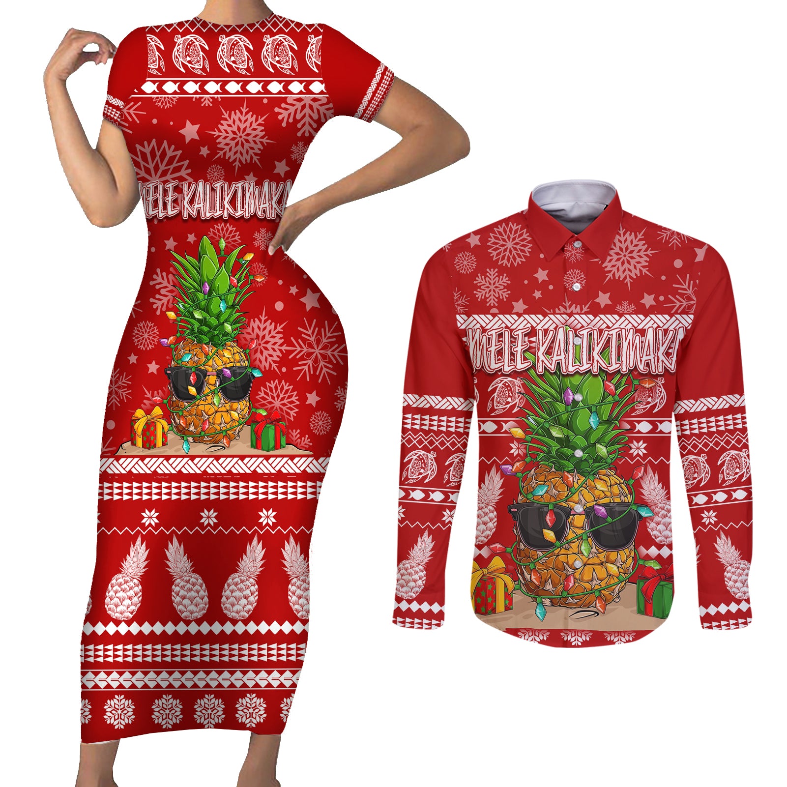 Hawaii Pineapple Christmas Couples Matching Short Sleeve Bodycon Dress and Long Sleeve Button Shirt Mele Kalikimaka LT7 - Wonder Print Shop