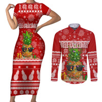 Hawaii Pineapple Christmas Couples Matching Short Sleeve Bodycon Dress and Long Sleeve Button Shirt Mele Kalikimaka LT7 - Wonder Print Shop
