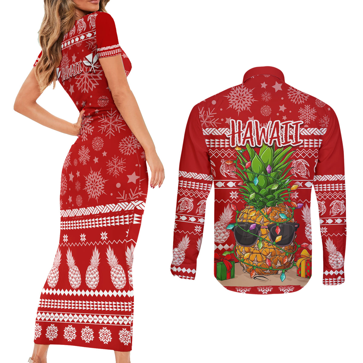 Hawaii Pineapple Christmas Couples Matching Short Sleeve Bodycon Dress and Long Sleeve Button Shirt Mele Kalikimaka LT7 - Wonder Print Shop