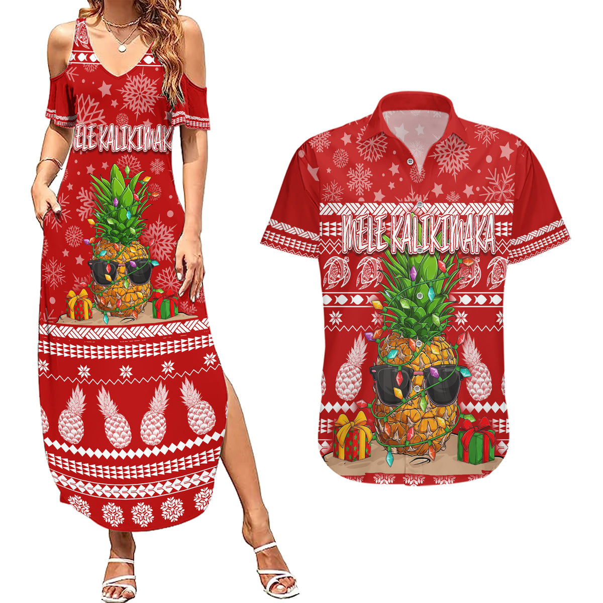 Hawaii Pineapple Christmas Couples Matching Summer Maxi Dress and Hawaiian Shirt Mele Kalikimaka LT7 - Wonder Print Shop
