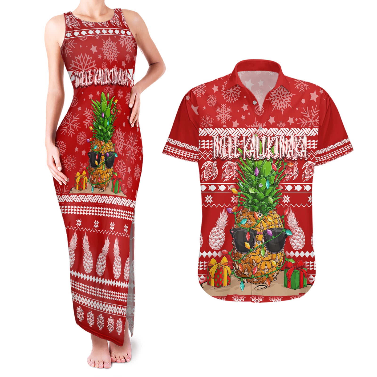 Hawaii Pineapple Christmas Couples Matching Tank Maxi Dress and Hawaiian Shirt Mele Kalikimaka LT7 - Wonder Print Shop