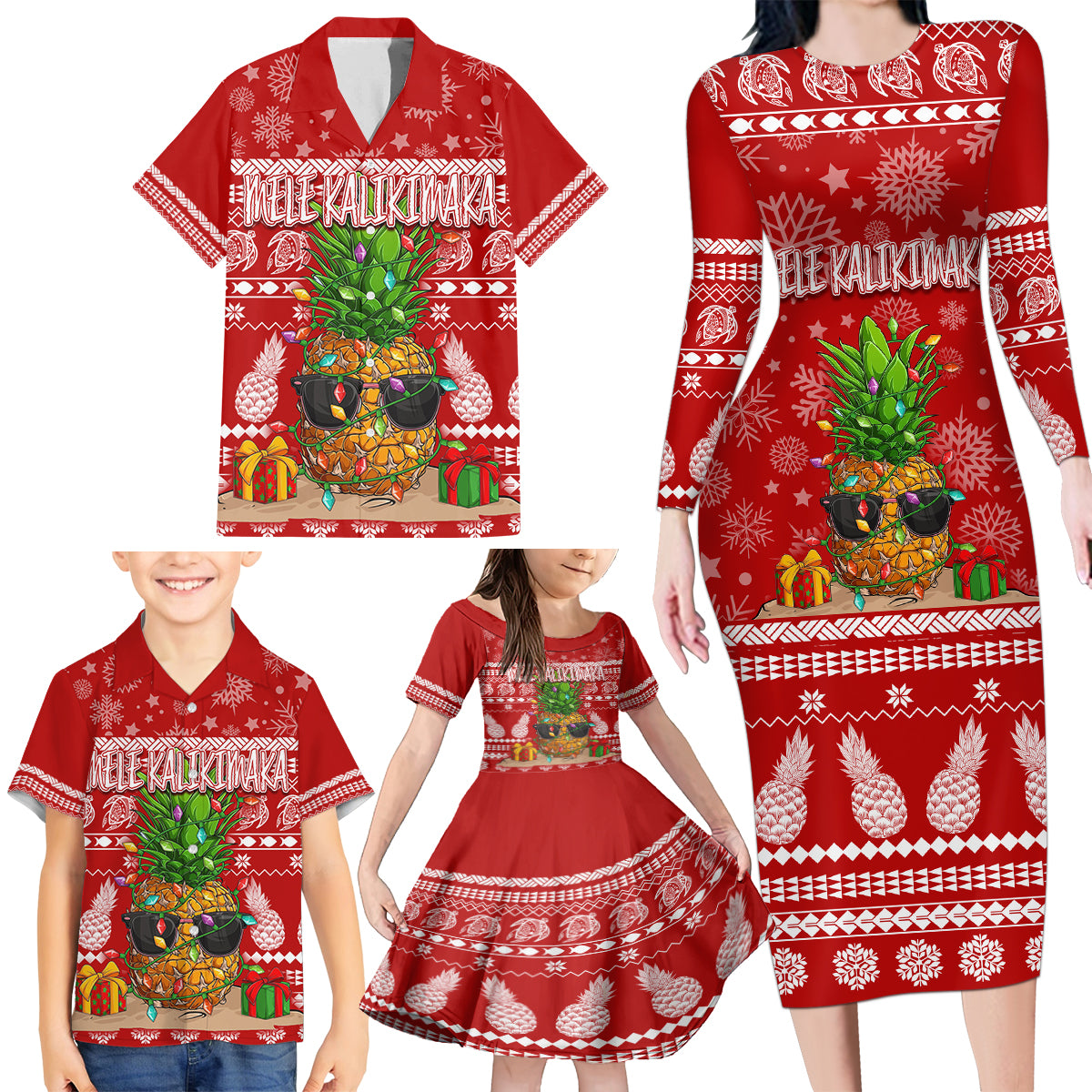 Hawaii Pineapple Christmas Family Matching Long Sleeve Bodycon Dress and Hawaiian Shirt Mele Kalikimaka LT7 - Wonder Print Shop