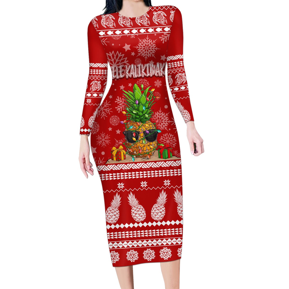 Hawaii Pineapple Christmas Family Matching Long Sleeve Bodycon Dress and Hawaiian Shirt Mele Kalikimaka LT7 - Wonder Print Shop