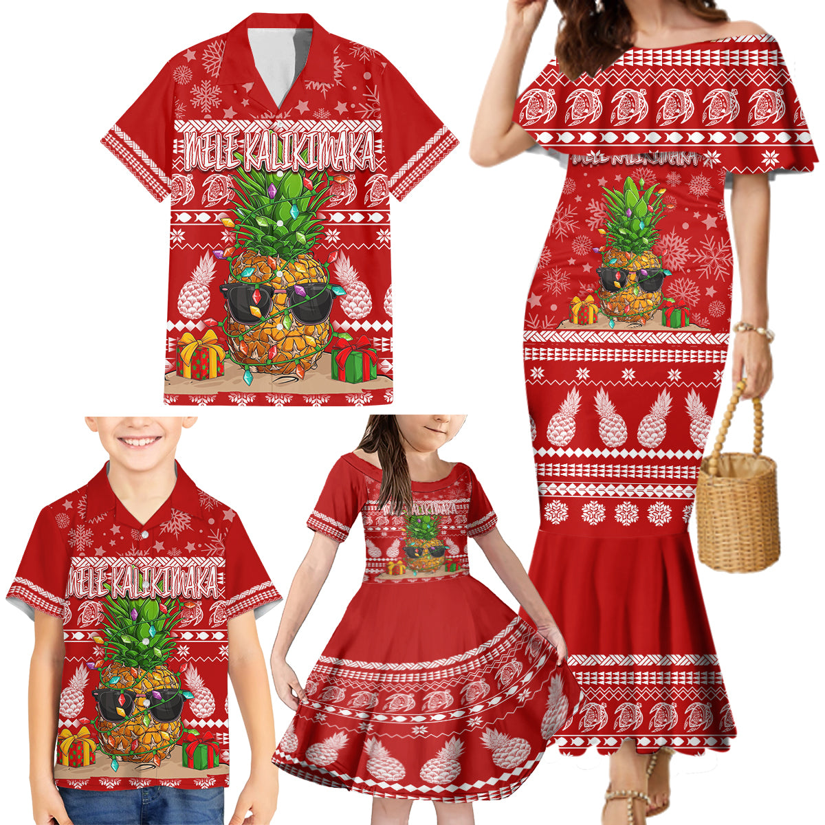 Hawaii Pineapple Christmas Family Matching Mermaid Dress and Hawaiian Shirt Mele Kalikimaka LT7 - Wonder Print Shop